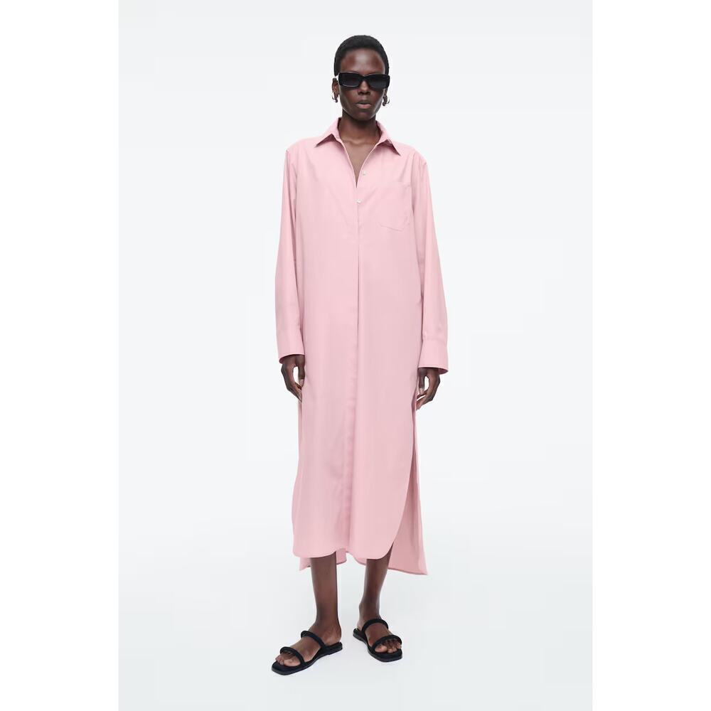 H&M Women's Pink Long Sleeves Button Front Collared Midi Shirt Dress Size XL